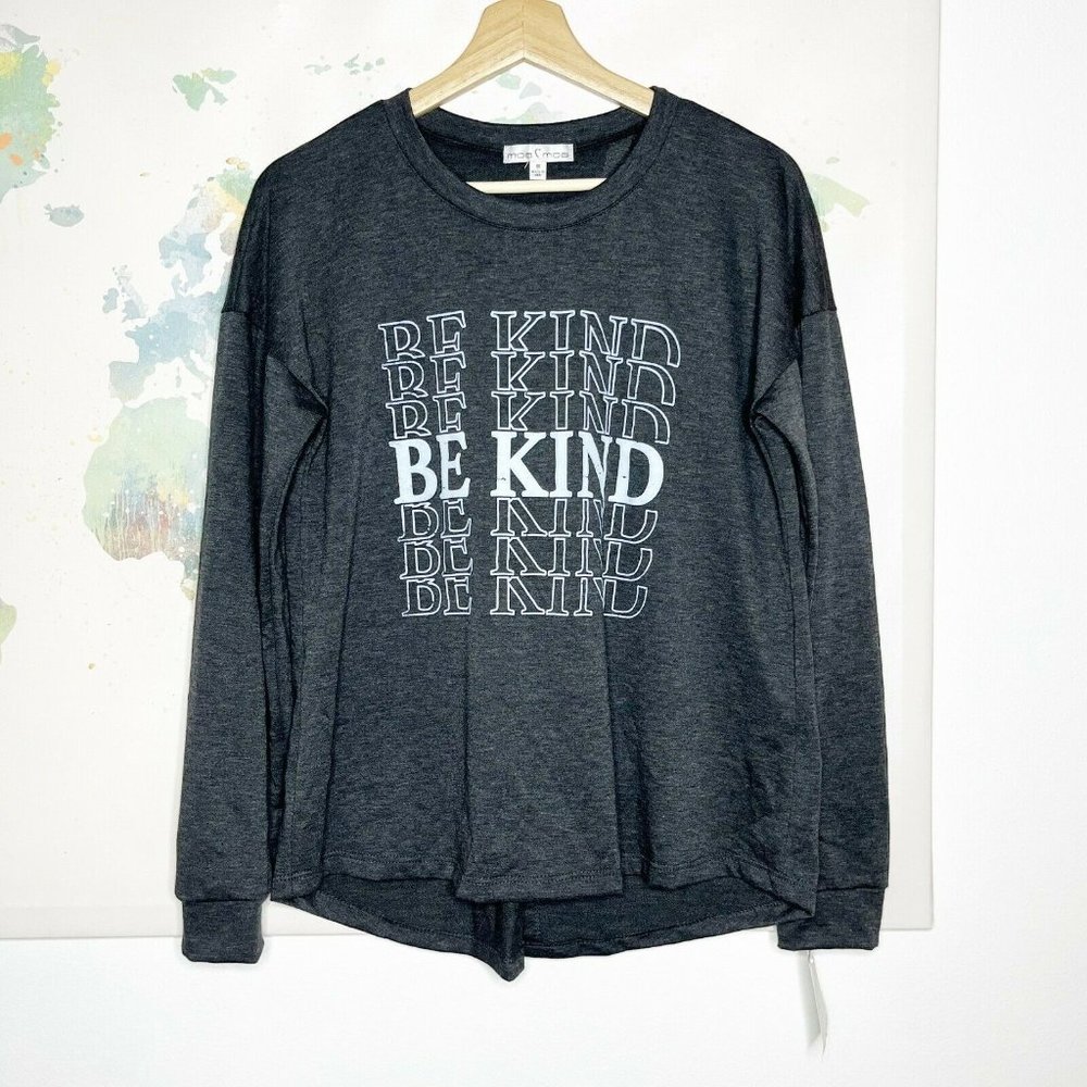 Moa Moa Size Medium Sweatshirt Charcoal Gray Be Kind Split Back Sweater NWT